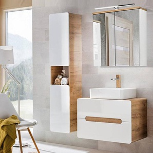 Badezimmermöbel Set mit Keramik-Waschtisch LUTON-56 Hochglanz weiß, Wotaneiche BxHxT ca. 130x200x46cm