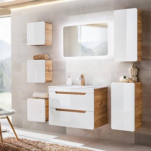 Badezimmermöbel Set mit 80cm Waschtisch & LED-Spiegel LUTON-56 Hochglanz weiß mit Wotaneiche, B/H/T ca. 180/200/46cm