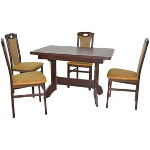Tischgruppe 4565-4581, 5-teilig, Nussbaumfarben / Gelb, 1 Tisch & 4 Stühle