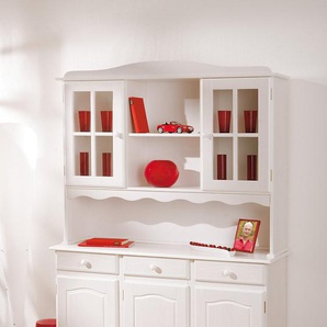 Dmora Sideboard mit drei Türen und Schubladen mit oberer Vitrine, weiße Farbe, 130 x 198 x 32 cm