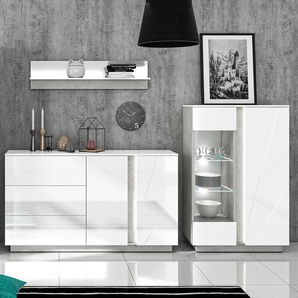 Esszimmer Möbel Set in Beton Optik mit weiß Glanz LAGONEGRO-131, B/H/T ca. 272/141/40 cm