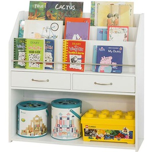 KMB39-W Kinder Bücherregal Kinderregal mit Ablagefächern und 2 Schubladen Spielzeugregal Aufbewahrungsregal für Kinder Spielzeug-Organizer Weiß BHT ca.: 85x86x26cm