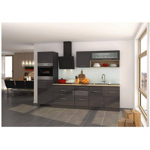 Küchenzeile 290 cm Grau Hochglanz, inkl. E-Geräte MARANELLO-03, Design-Glashaube schwarz mit E-Geräten B x H x T ca. 290 x 200 x 60cm