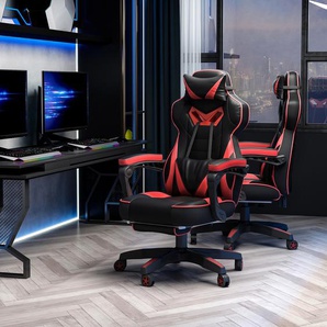Vinsetto Ergonomischer Bürostuhl, Gaming Stuhl, Drehstuhl mit einziehbare Fußstütze und verstellbarer Rücken Schaumstoff+PU-Leder+Metall, Schwarz+Rot, 65 x 70 x 118,5-128,5 cm