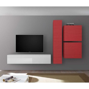 Design Wohnzimmer Schrankwand in Rot und Weiß Hochglanz modern (vierteilig)