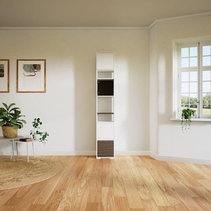 Vitrine Weiß - Moderne Glasvitrine: Schubladen in Nussbaum & Türen in Weiß - Hochwertige Materialien - 41 x 234 x 34 cm, konfigurierbar