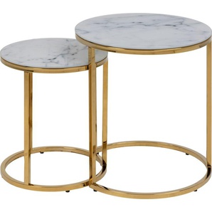 Beistelltisch LEONIQUE Alina Tische Gr. B/H/T: 45 cm x 50 cm x 45 cm, weiß (weiß, goldener chrom) Beistelltische Tischsatz, 2 Tische Ø45H50 und Ø35H42cm, Glasplatte, Chrom Gestell