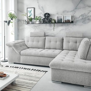 Ecksofa ED EXCITING DESIGN Oman Sofas Gr. B/H/T: 283 cm x 101 cm x 193 cm, Microvelours, Ottomane rechts, grau (hellgrau) Ecksofas mit Bettfunktion, Bettkasten, Armteilverstellung, Kopfstützen