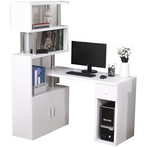 HOMCOM Schreibtisch in L-Form/I-Form Eckschreibtisch Computertisch Kombination-Tisch mit Bücherregal und Schublade Wabenplatte Edelstahl Weiß 120x80x164 cm