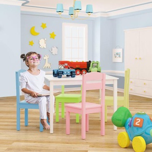 5 tlg. Kindersitzgruppe Kindertischgruppe Kindertisch mit 4 Stühlen Kiefer Farbig und Weiß