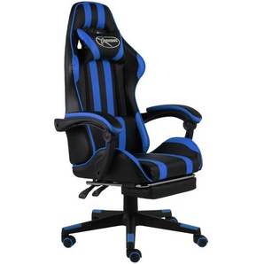 Gaming-Stuhl mit Fußstütze Schwarz und Blau Kunstleder Bürostuhl mit Lordosenstütze (Fußstütze) Ergonomisches Design Verstellbare Kopfstütze Lordosenstütze 62x69x(115-130) cm (BxTxH)