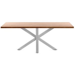 Tisch Esszimmer mit weißem Metallgestell Platte Holzoptik
