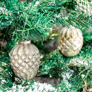 6 große Glaskugel Weihnachtsschmuck in Zapfenform, Silber-Gold, Christbaumkugeln