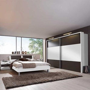Schlafzimmer Komplettset in Weiß Braun mit LED Beleuchtung (vierteilig)