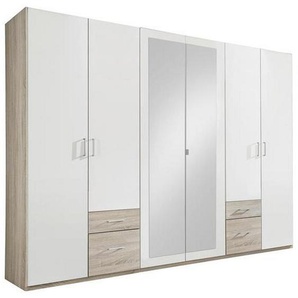 Mid.you Drehtürenschrank , Weiß, Eiche , Kunststoff , 3 Fächer , 4 Schubladen , 270x210x58 cm , Schlafzimmer, Kleiderschränke, Drehtürenschränke