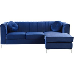 Ecksofa Blau aus Samtstoff L-Förmig Linksseitig mit Zierkissen Wohnzimmer Modernes Design