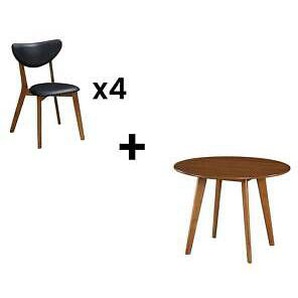 Essgruppe: Tisch + 4 Stühle - Nussbaumfarben & Schwarz - Lisette
