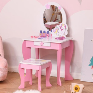 HOMCOM 2-Set Kinderschminktisch mit Hocker Frisiertisch Frisierkommode mit Schublade Spiegel für Kleinkind Mädchen Akryl Rosa+Weiß 49 x 34 x 90 cm
