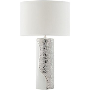Tischlampe Silber und Weiß Porzellanfuß Stoffschirm Braun Kabel mit Schalter Moderner Minimalistischer Glamouröser Stil