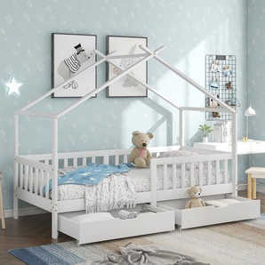 Kinderbett Hausbett (90 x 200 cm Holzbett) mit Rausfallschutz und Lattenrost 2 Schubladen für Kinder- und Jugendzimmer Weiß