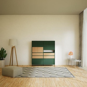Aktenschrank Waldgrün, Goldfüße - Büroschrank: Schubladen in Eiche & Türen in Waldgrün - Hochwertige Materialien - 151 x 168 x 47 cm, Modular