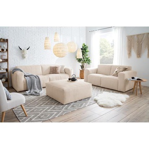 Ars Natura Polstergarnitur Loralai Creme Cord 242x75x96 cm mit Hocker