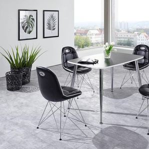 Design Esszimmergruppe, 4 Stühle in verschiedenen Farben, Vierfußtisch in verschiedenen Farben, Tischbeine verchromt, ergonomische Schalenstühle, 5-teilig  Schwarz Schwarz