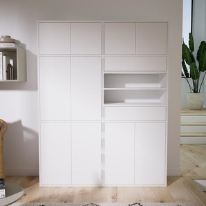 Wohnwand Weiß - Individuelle Designer-Regalwand: Schubladen in Weiß & Türen in Weiß - Hochwertige Materialien - 151 x 195 x 34 cm, Konfigurator
