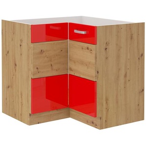 Eckunterschrank 89x89 cm Eiche Artisan + Rot Hochglanz Küchenzeile Küchenblock