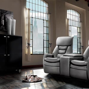 2-er Cinema Sessel mit grauem Kunstleder bezogen, Relaxfunktion  Aufbewahrungsfach u 2 Getränkehalter, Maße: B/H/T ca. 164/105/90 cm