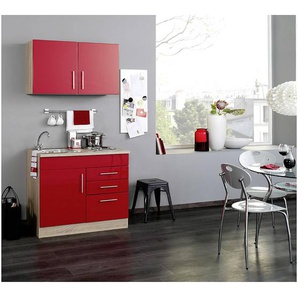 Mini-Küche TERAMO-03 Rot Hochglanz/Eiche-Sonoma B x H x T ca. 100 x 200 x 60cm