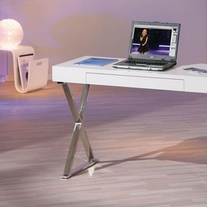 Computertisch exklusiver Schreibtisch Tastaturauszug hochglanz weiß Metall verchromt L-Greato