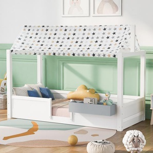 Kinderbett Hausbett (90 x 200 cm Holzbett) mit abnehmbarem Zelt und Fallschutz Lattenrost Zeltbett für Kinder und Jugendliche weiß
