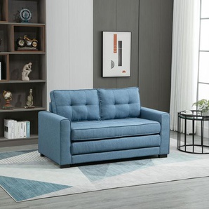 HOMCOM Ausziehbares Zweier-Sofa, Massivholz, Leinenoptik, Blau, 147,5 x 75 x 85 cm