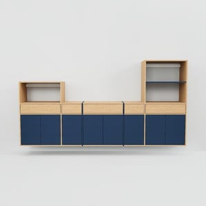 Hängeschrank Blau - Wandschrank: Schubladen in Eiche & Türen in Blau - 303 x 156 x 47 cm, konfigurierbar