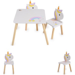 Moni Kinder Holztisch-Set Einhorn mit zwei Stühle, Kindersitzgruppe ab 3 Jahren