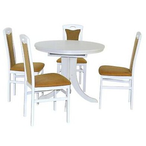 Essgruppe Massiv Weiß/gelb Tischgruppe 4x Stühle Esstisch Rund Esszimmergarnitur
