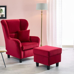 Sessel, Ohrensessel mit Hocker und Zierkissen in rotem Samt bezogen, Füße schwarz