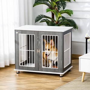 PawHut Transportbox für mittelgroße und große Hunde, verriegelbar Holzwerkstoff Stahl Grau + Weiß