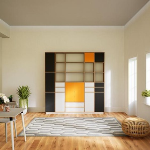 Schrankwand Weiß - Moderne Wohnwand: Schubladen in Weiß & Türen in Graphitgrau - Hochwertige Materialien - 231 x 238 x 34 cm, Konfigurator