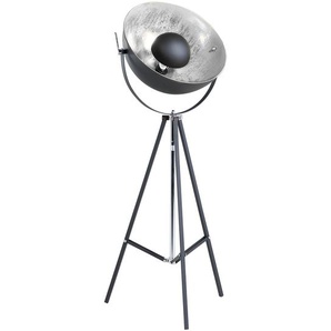 Stehlampe Schwarz und Silber Metall 165 cm Scheinwerfer-Look verstallbarer Schirm Dreibeinig langes Kabel mit Schalter Industrie Design