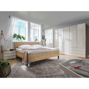 Schlafzimmer Set in Eiche Bianco und Beige glasbeschichtet modern (vierteilig)