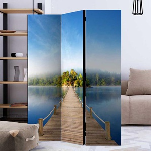 Moderner Raumteiler aus Leinwand und Massivholz Brücke im See Print