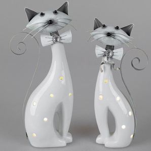2-er Deko Set LED Katzen stehend 30 cm Keramik Metall Cats Dekofigur