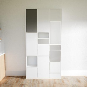 Schrankwand Weiß - Moderne Wohnwand: Schubladen in Grau & Türen in Weiß - Hochwertige Materialien - 118 x 233 x 34 cm, Konfigurator
