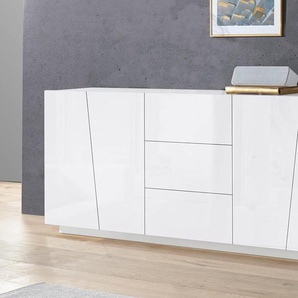 Dmora Modernes Sideboard mit 4 Türen und 3 Schubladen, Made in Italy, Küchen-Sideboard, Wohnzimmer-Design-Buffet, 220x43h86 cm, glänzend weiße Farbe