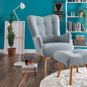 Sessel mit Hocker in hellblauem Webstoff bezogen mit Schaumstoffpolsterung, Füße aus Massivholz, Maße: B/H/T ca. 77/101/100 cm