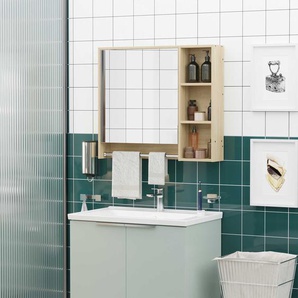 kleankin Spiegelschrank Badschrank Hängeschrank Wandschrank Badmöbel Mehrzweckschrank mit offener Fächern Badezimmer Spanplatte Glas Natur 80 x 15 x 70 cm