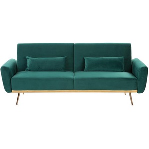 Sofa Grün Samtstoff 3-Sitzer Schlaffunktion Retro Design Zierkissen Wohnzimmer