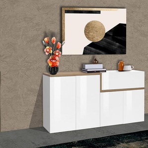 Dmora Modernes Sideboard mit 4 Türen und 1 Schublade, Made in Italy, Küchen-Sideboard, Wohnzimmer-Design-Buffet, 160x40h80 cm, Glanzweiß und Ahornfarbe